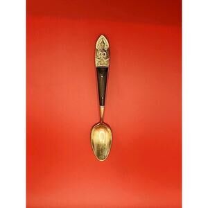 Vtg Siam Sitting Buddah Brass Sugar Spoon Teaspoon with Wood Handle 6.5" Retro